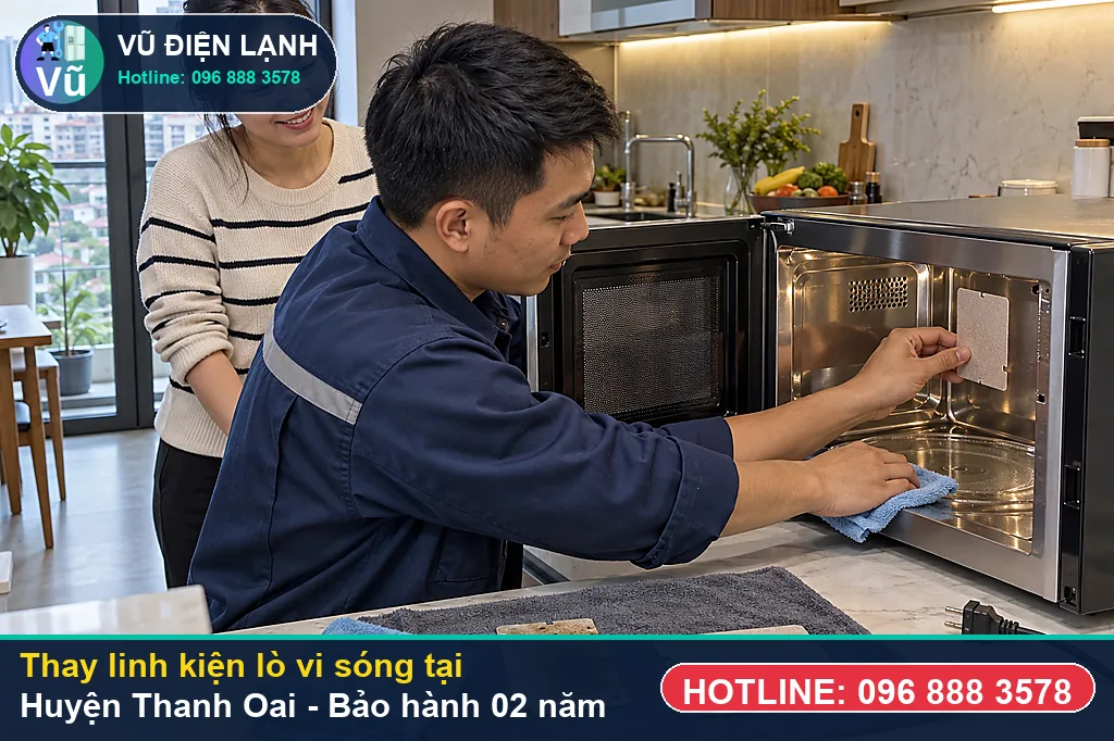 Khách hàng tại Huyện Thanh Oai kiểm tra linh kiện lò vi sóng chính hãng và nhận phiếu bảo hành 02 năm của Vũ Điện Lạnh