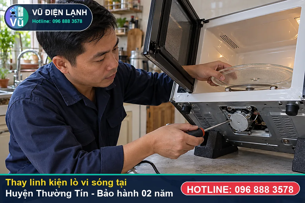 Khách hàng tại Huyện Thường Tín kiểm tra linh kiện lò vi sóng chính hãng và nhận phiếu bảo hành 02 năm của Vũ Điện Lạnh