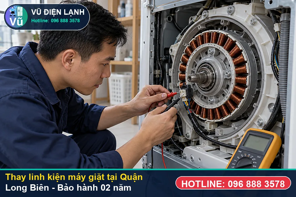 Khách hàng tại Quận Long Biên kiểm tra linh kiện máy giặt chính hãng và nhận phiếu bảo hành 02 năm của Vũ Điện Lạnh
