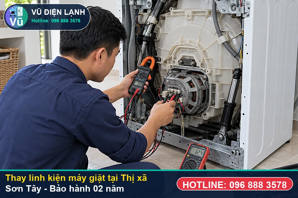 Khách hàng tại Thị xã Sơn Tây kiểm tra linh kiện máy giặt chính hãng và nhận phiếu bảo hành 02 năm của Vũ Điện Lạnh