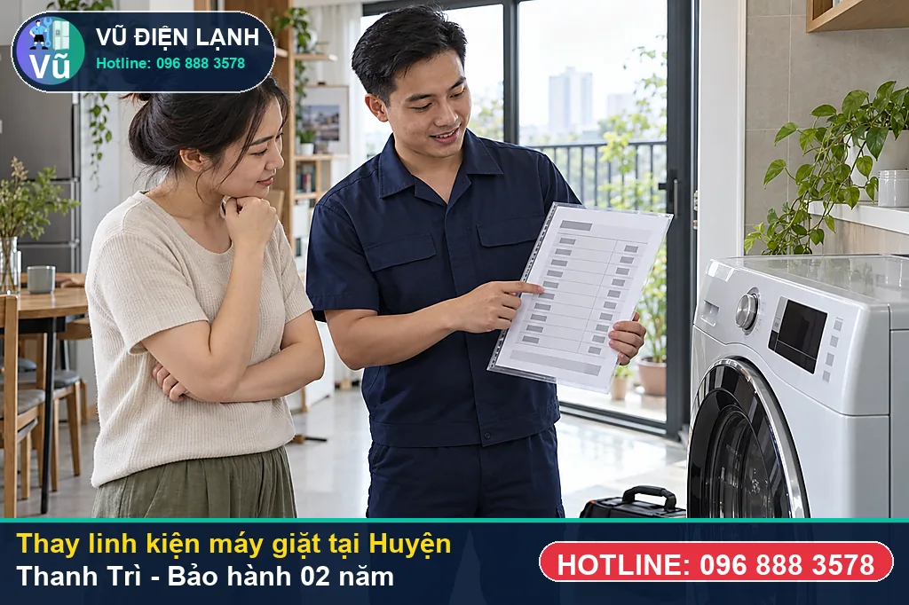 Khách hàng tại Huyện Thanh Trì kiểm tra linh kiện máy giặt chính hãng và nhận phiếu bảo hành 02 năm của Vũ Điện Lạnh