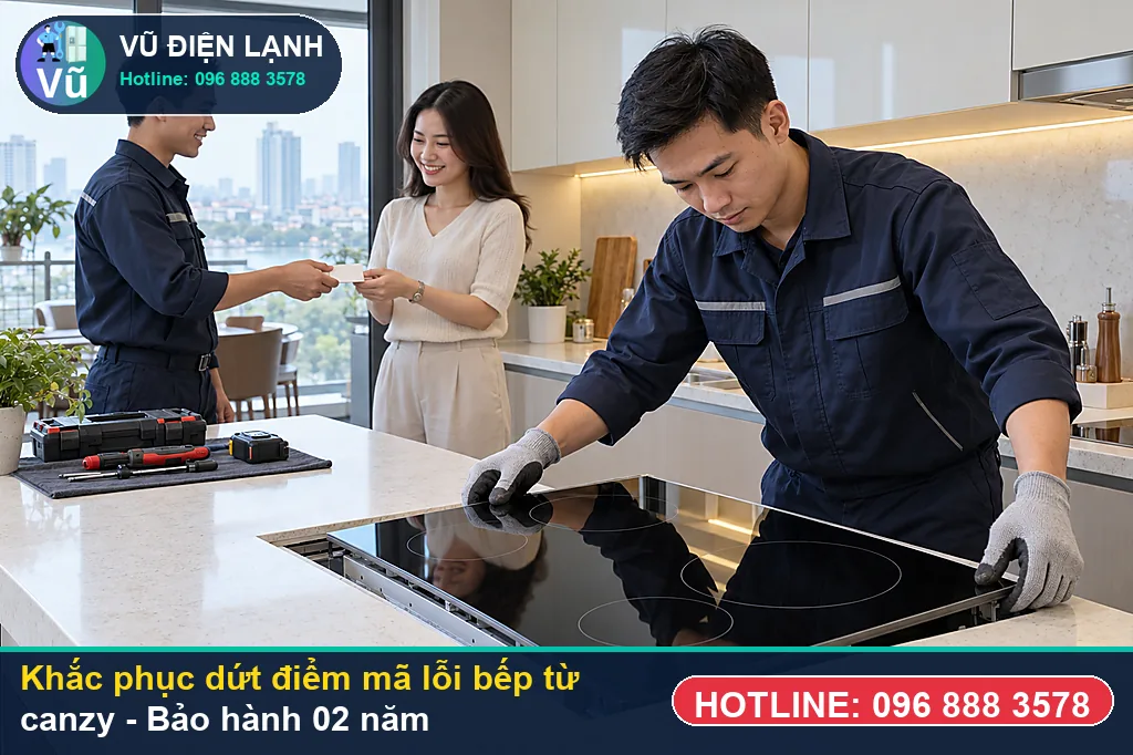 Hoàn tất sửa chữa mã lỗi bếp từ canzy, thử tải đun sôi nước và bàn giao phiếu bảo hành 02 năm Vũ Điện Lạnh