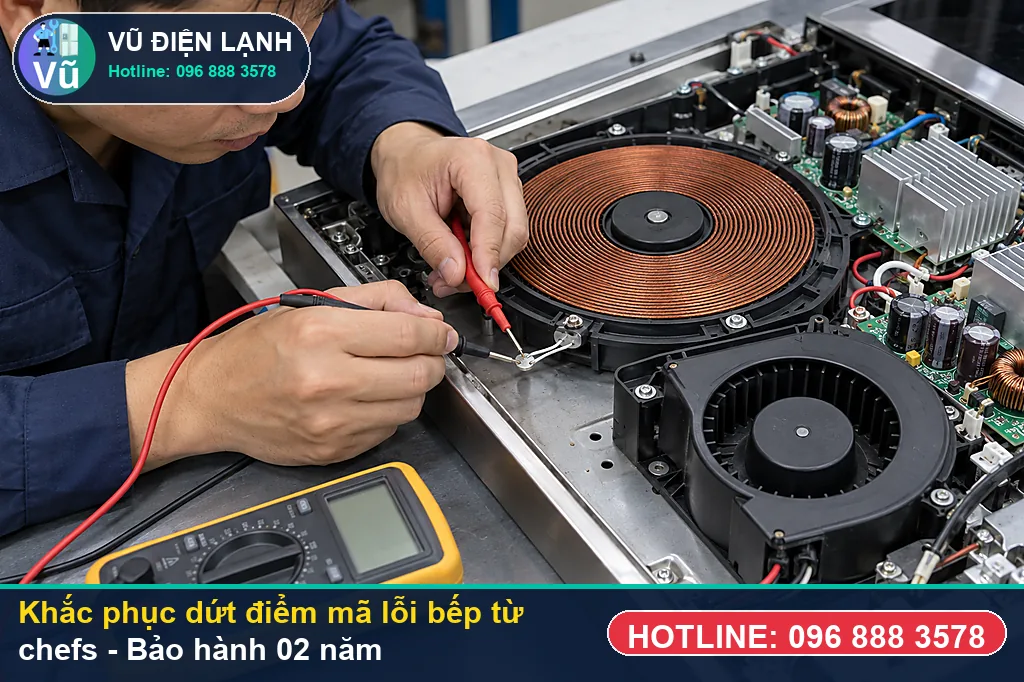 Hoàn tất sửa chữa mã lỗi bếp từ chefs, thử tải đun sôi nước và bàn giao phiếu bảo hành 02 năm Vũ Điện Lạnh