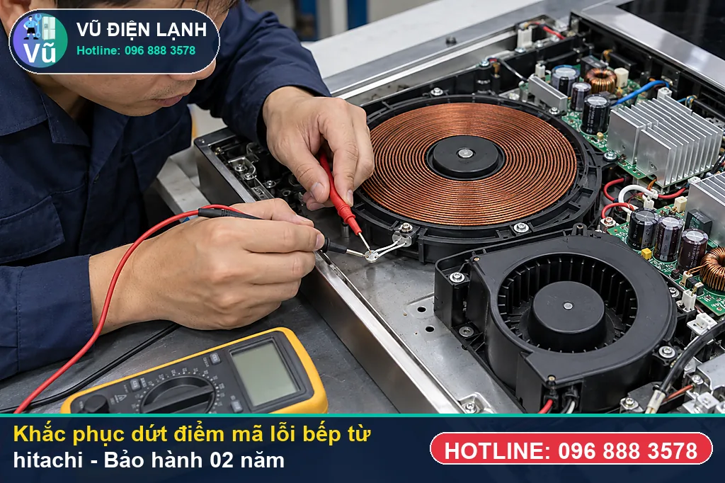 Hoàn tất sửa chữa mã lỗi bếp từ hitachi, thử tải đun sôi nước và bàn giao phiếu bảo hành 02 năm Vũ Điện Lạnh
