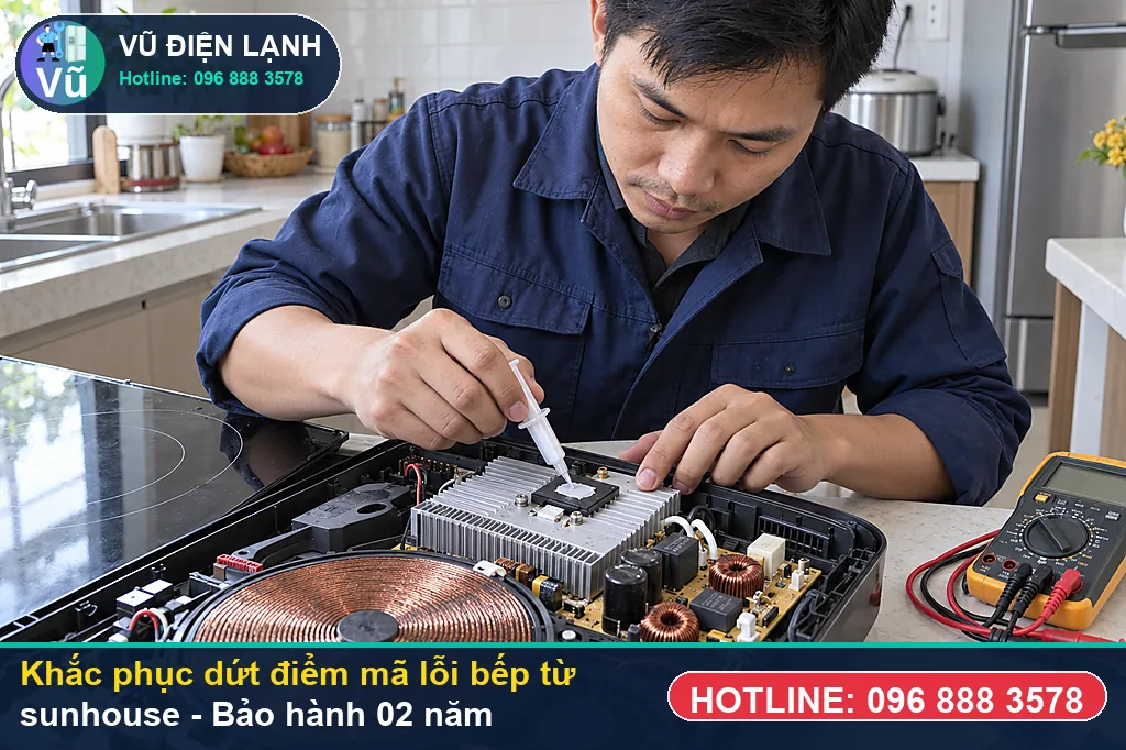 Hoàn tất sửa chữa mã lỗi bếp từ sunhouse, thử tải đun sôi nước và bàn giao phiếu bảo hành 02 năm Vũ Điện Lạnh