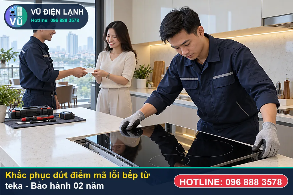 Hoàn tất sửa chữa mã lỗi bếp từ teka, thử tải đun sôi nước và bàn giao phiếu bảo hành 02 năm Vũ Điện Lạnh