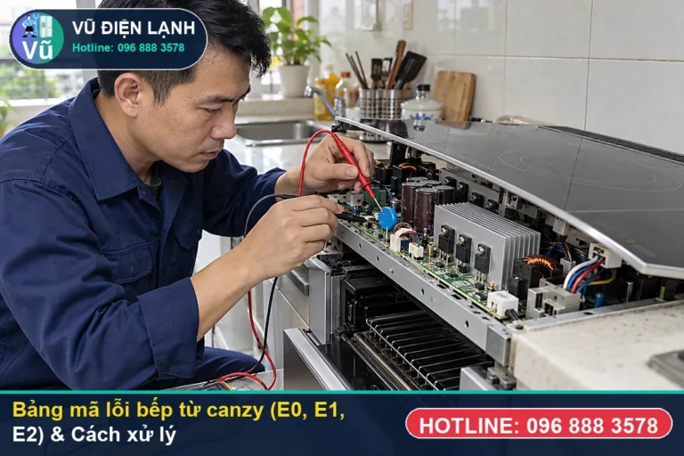 Kỹ thuật viên Vũ Điện Lạnh hướng dẫn tra cứu mã lỗi bếp từ canzy và đo kiểm xử lý tại nhà