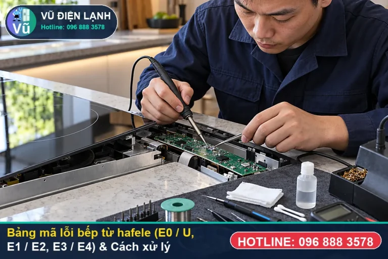 Kỹ thuật viên Vũ Điện Lạnh hướng dẫn tra cứu mã lỗi bếp từ hafele và đo kiểm xử lý tại nhà
