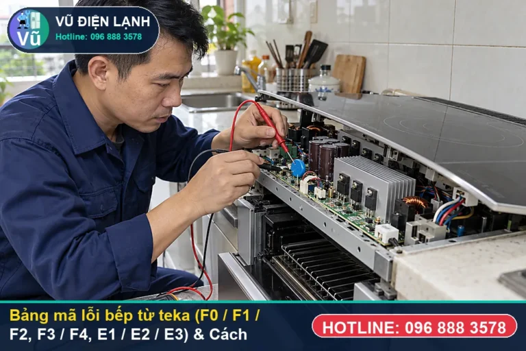 Kỹ thuật viên Vũ Điện Lạnh hướng dẫn tra cứu mã lỗi bếp từ teka và đo kiểm xử lý tại nhà