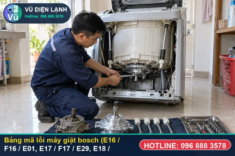Kỹ thuật viên Vũ Điện Lạnh hướng dẫn tra cứu mã lỗi máy giặt bosch và đo kiểm xử lý tại nhà