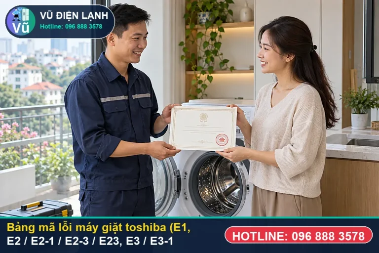 Kỹ thuật viên Vũ Điện Lạnh hướng dẫn tra cứu mã lỗi máy giặt toshiba và đo kiểm xử lý tại nhà